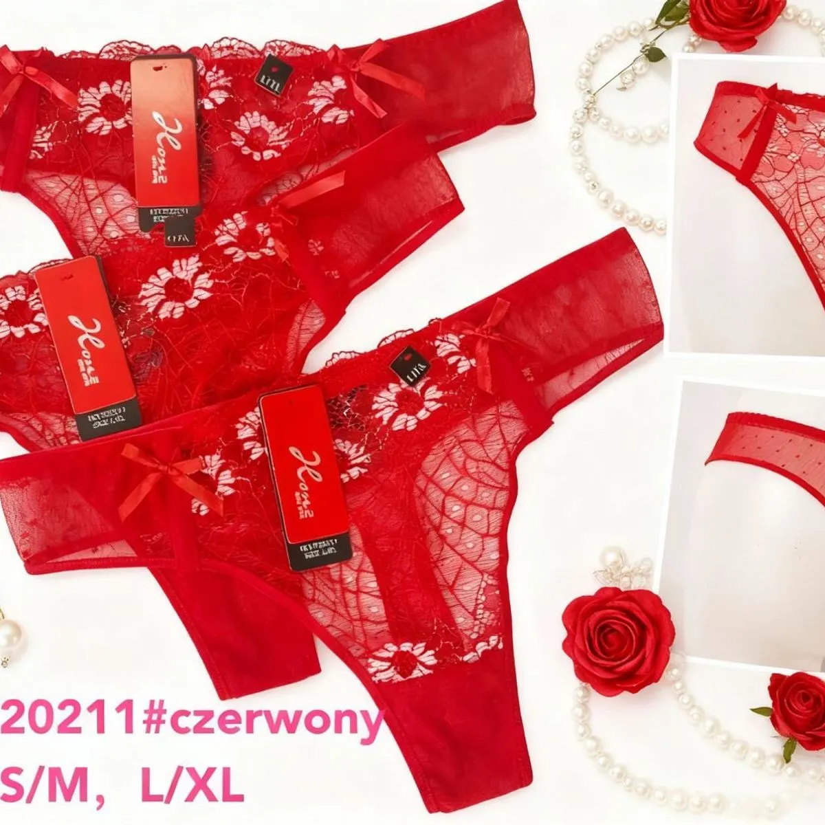 Stringi damskie czerwone koronkowe S/M, L/XL 20211