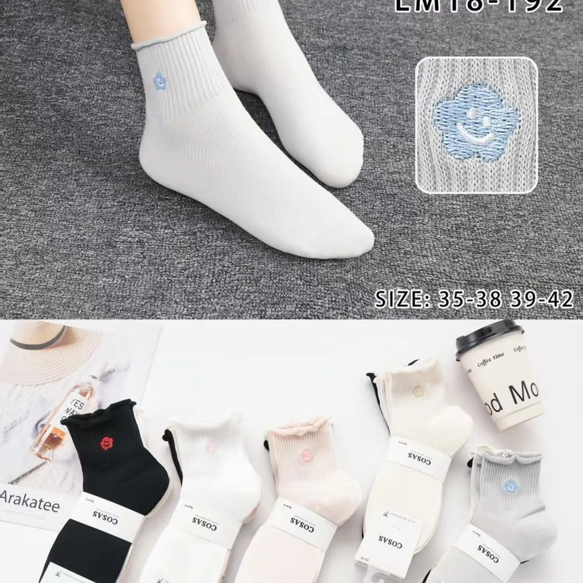 Skarpetki damskie białe z kwiatowym wzorem LM18-192