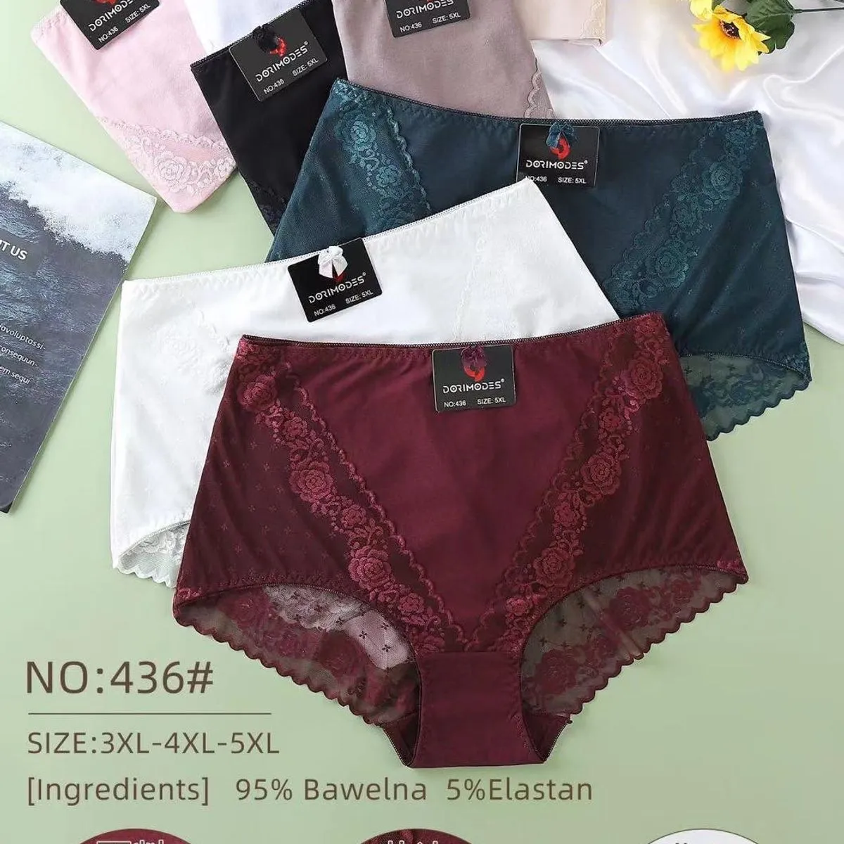 Majtki damskie bordowe 3XL-5XL Dorimodes z koronką
