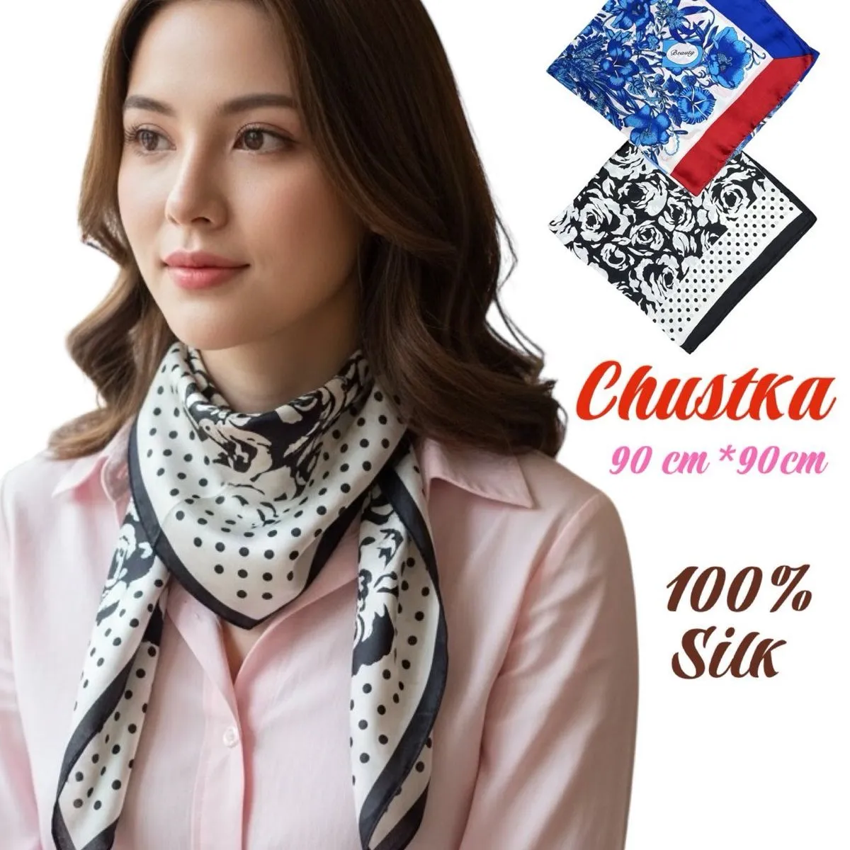 Chustka damska jedwabna 90x90 cm czarno-biała