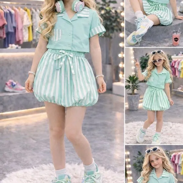 Komplet odzieżowy dla dzieci 4-14L miętowy ze spódnicą