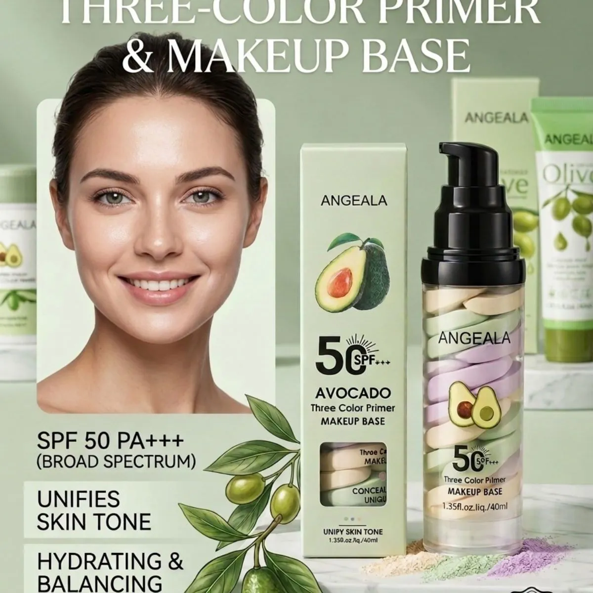 Primer 3-kolorowy & Baza pod makijaż Angela Avocado 50ml