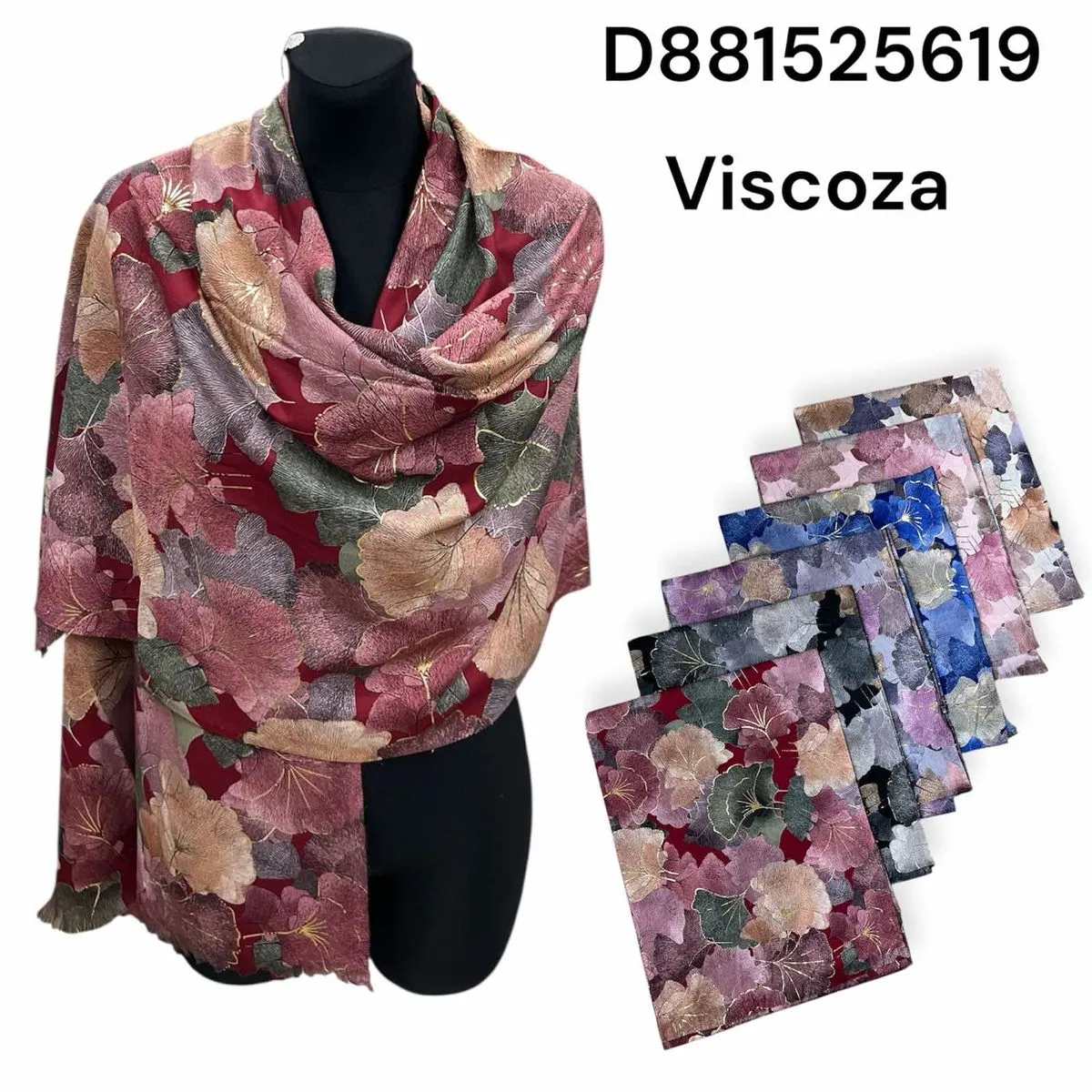 Apaszka damska wiskoza wzór liście miłorzębu mix kolorów 12szt