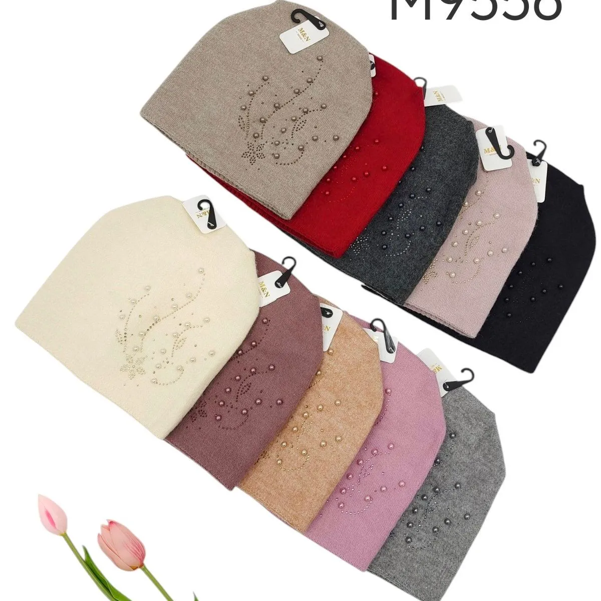 Czapki damskie beanie z haftem M9556, 12 szt