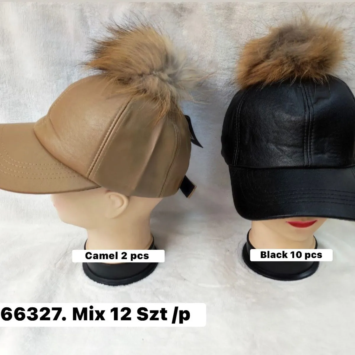 Czapki damskie z futrzaną pomponem Mix 12 szt Camel 2/Black 10