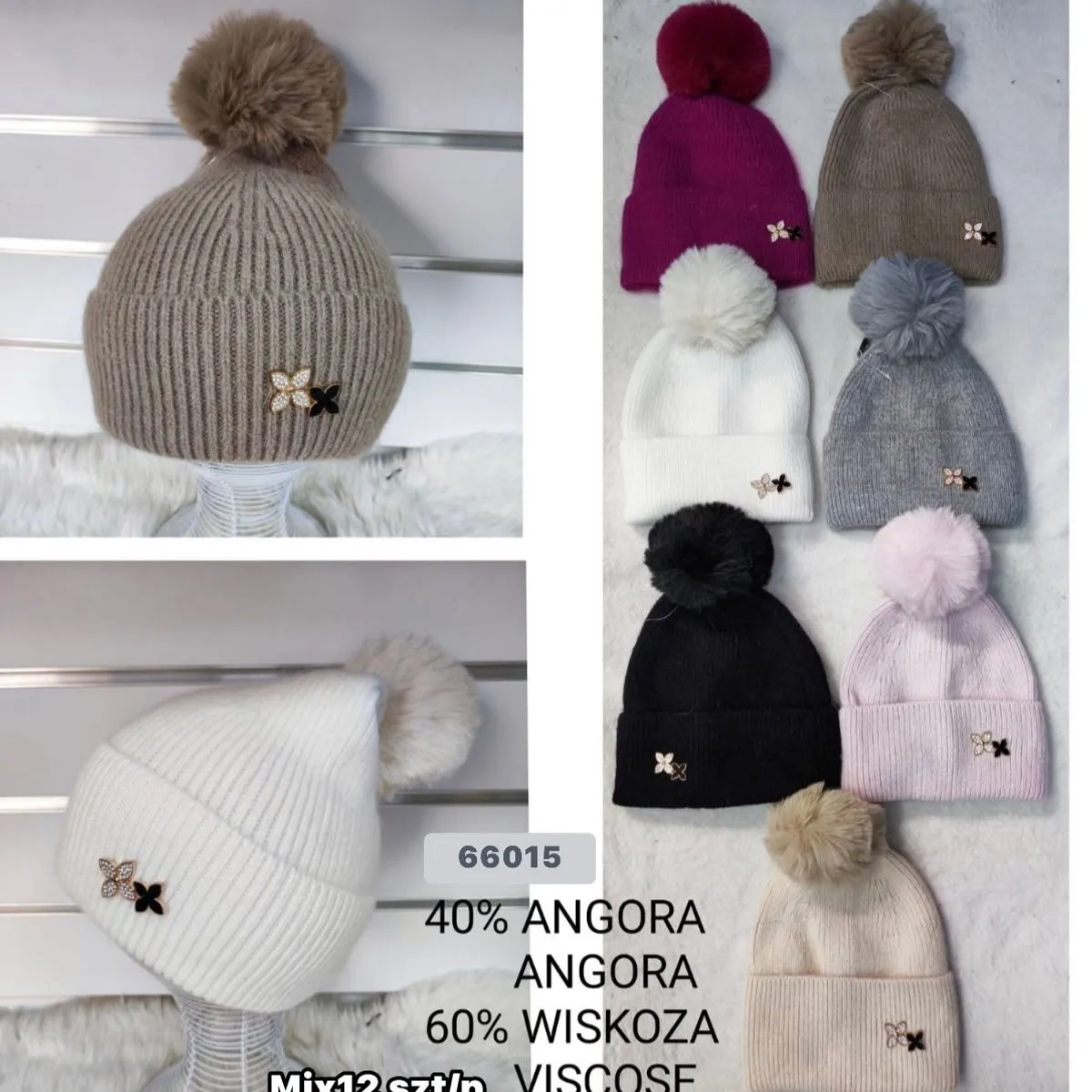 Czapki damskie z pomponem 40% angora 60% wiskoza