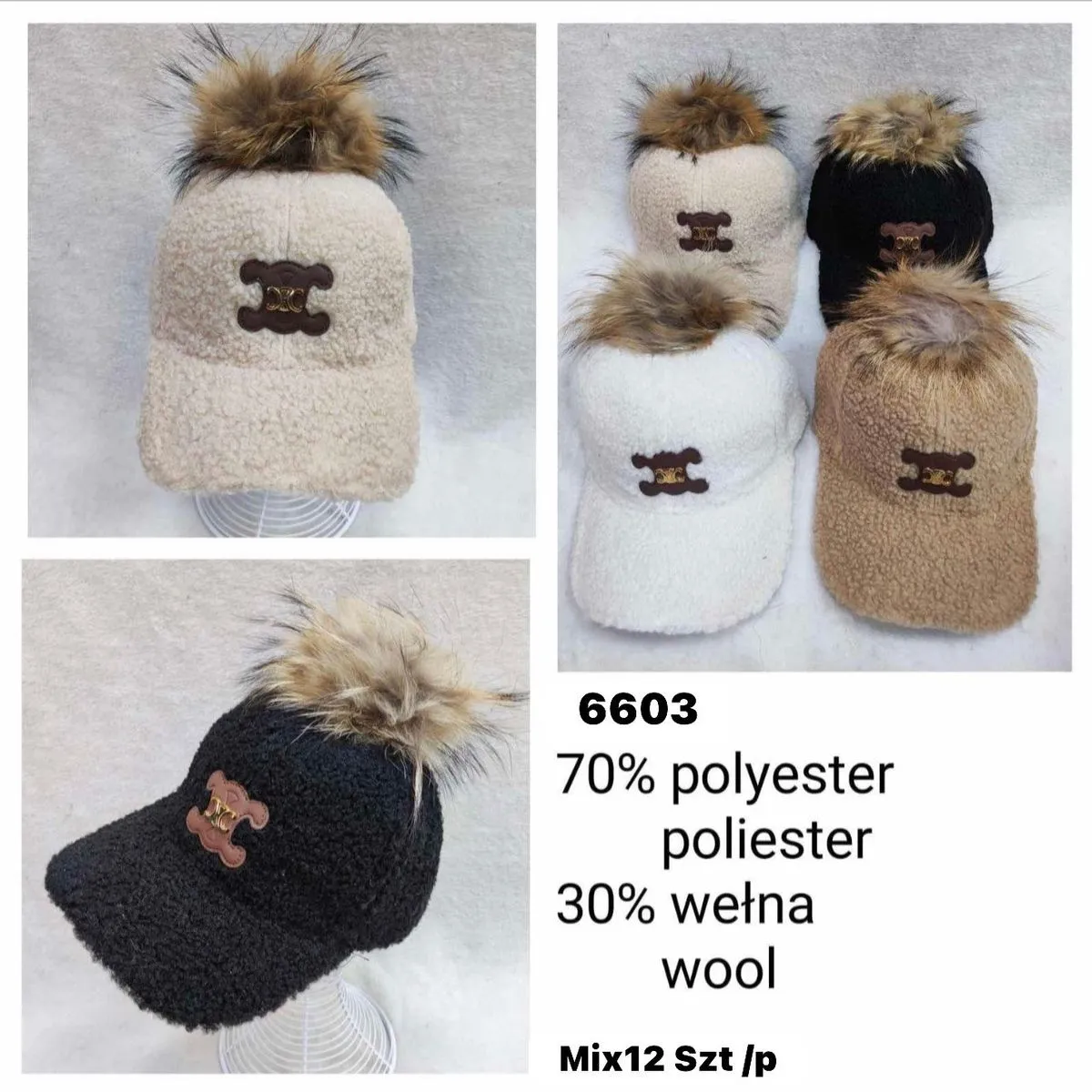 Czapki damskie z pomponem 70% poliester 30% wełna