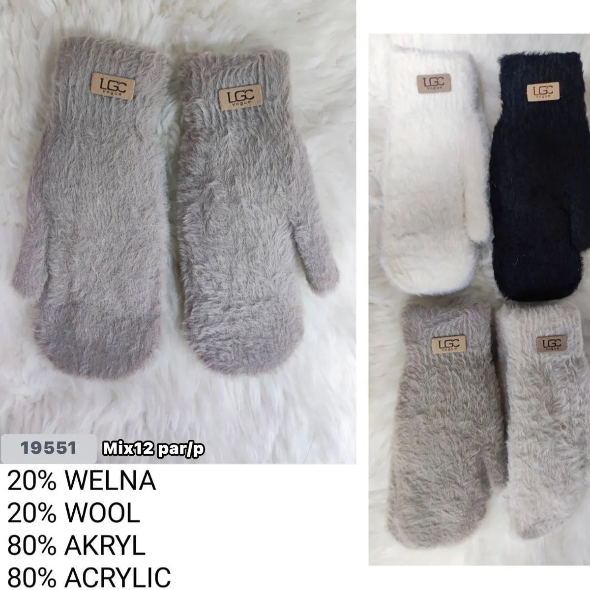 Rękawiczki damskie futrzane mix 4 kolory 20% wełna 80% akryl