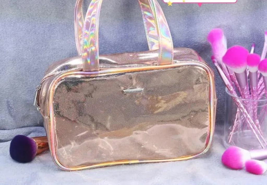 Kosmetyczka holograficzna różowo-różowa z uchwytami