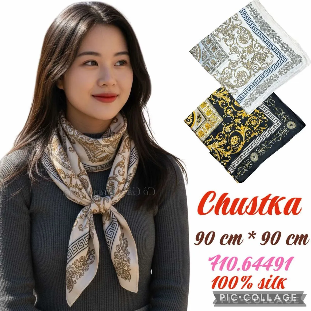 Chusta Damska Kwiatowa 90 cm x 90 cm 100% jedwab