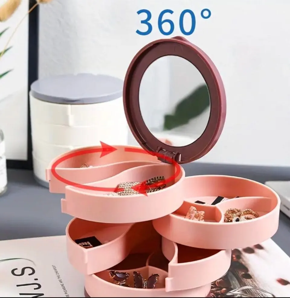 Obrotowy organizer do biżuterii z lusterkiem 360°, 4 poziomy