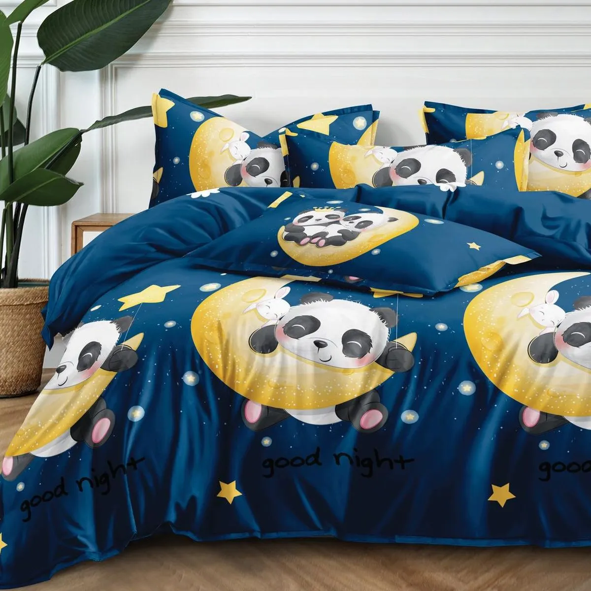 Pościel bawełna satyna 160x200cm 4cz wzór Panda granatowa