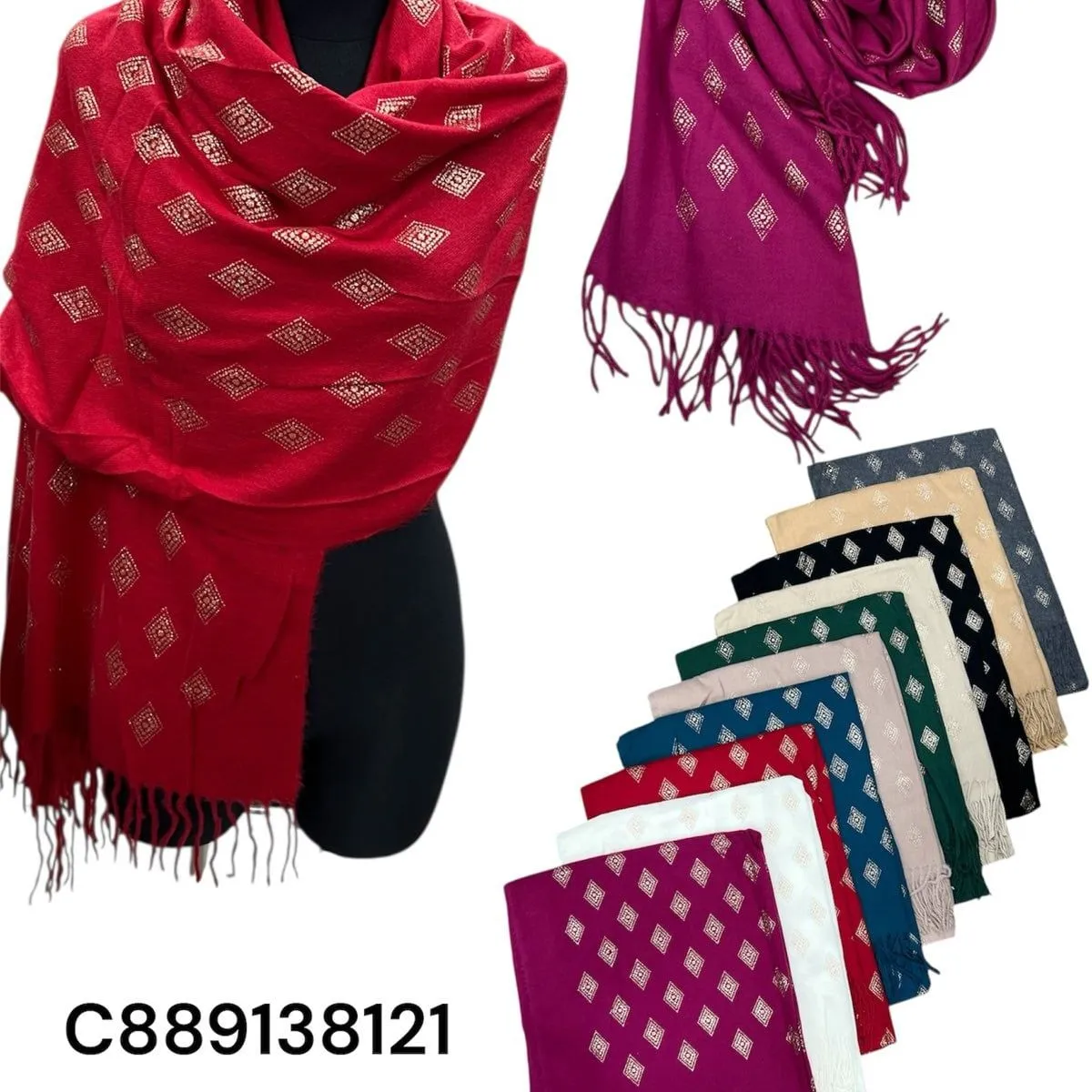 Szaliki damskie viscose z frędzlami wzór rombów 12 szt