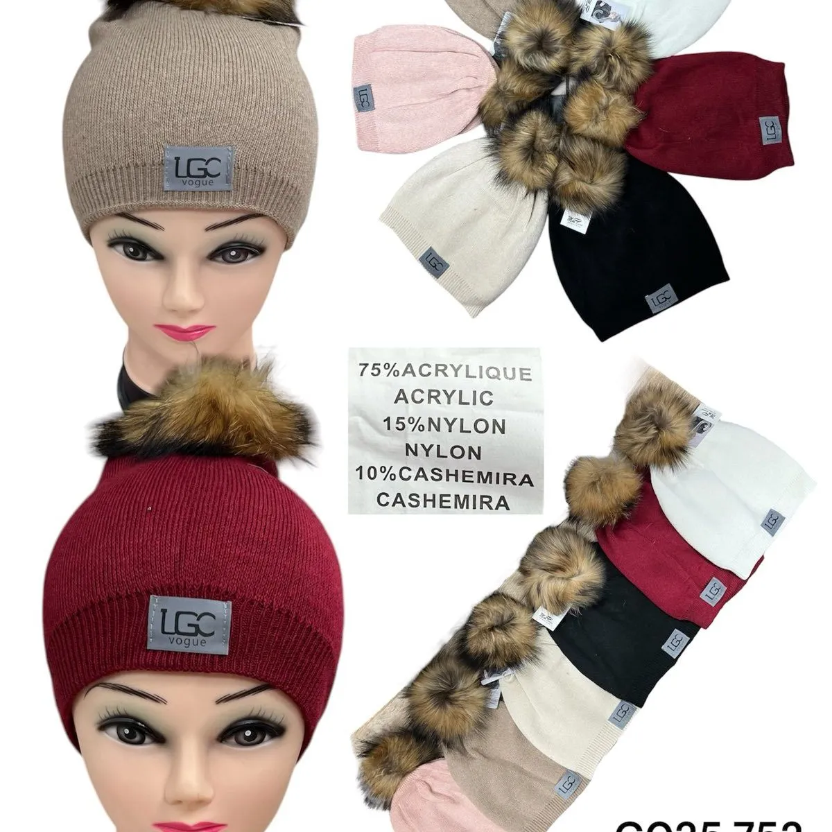 Czapki damskie z pomponem futrzanym 75% akryl 10% nylon