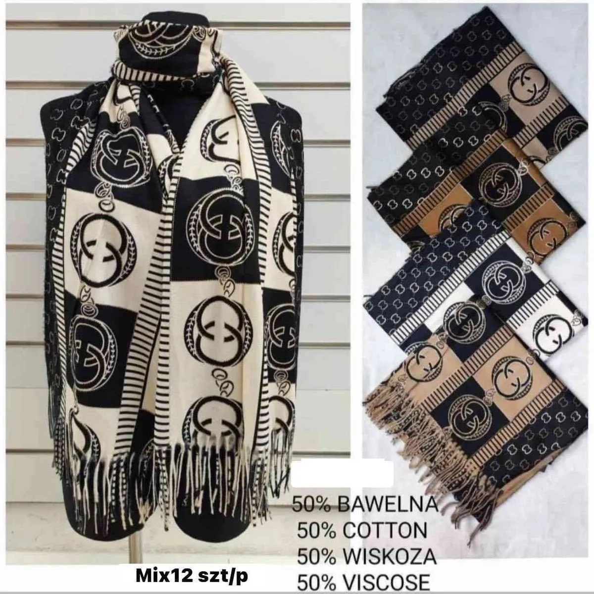 Szaliki damskie Mix 12 szt 50% bawełna 50% wiskoza