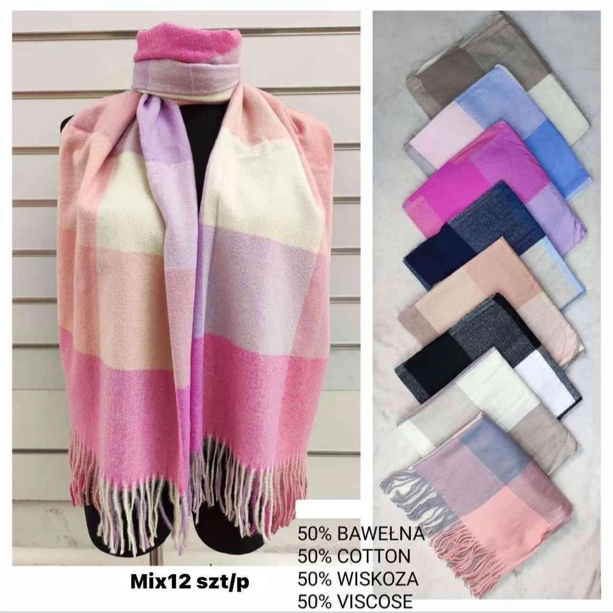 Szaliki damskie mix 12 szt 50% bawełna 50% wiskoza