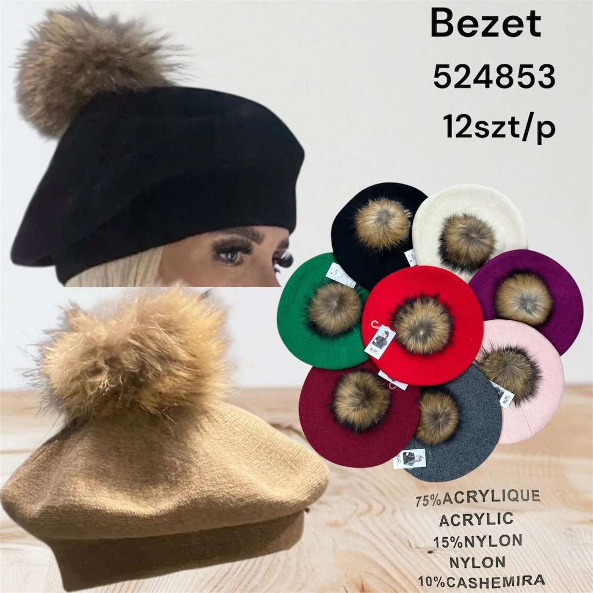 Czapki damskie beżet z pomponem 75% akryl różne kolory