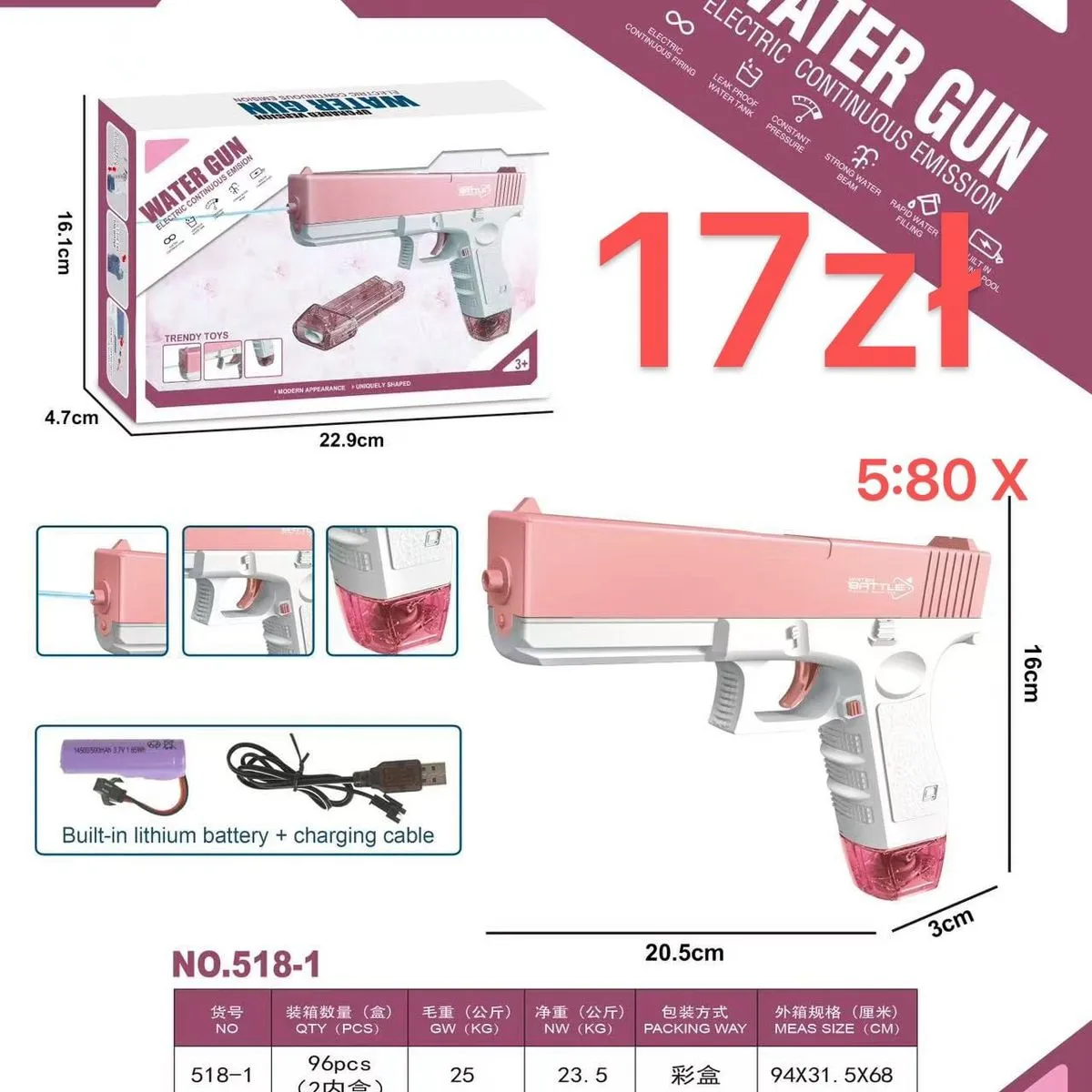 Pistolety Wodne Elektryczne 20.5cm, Akumulator USB, Różowy