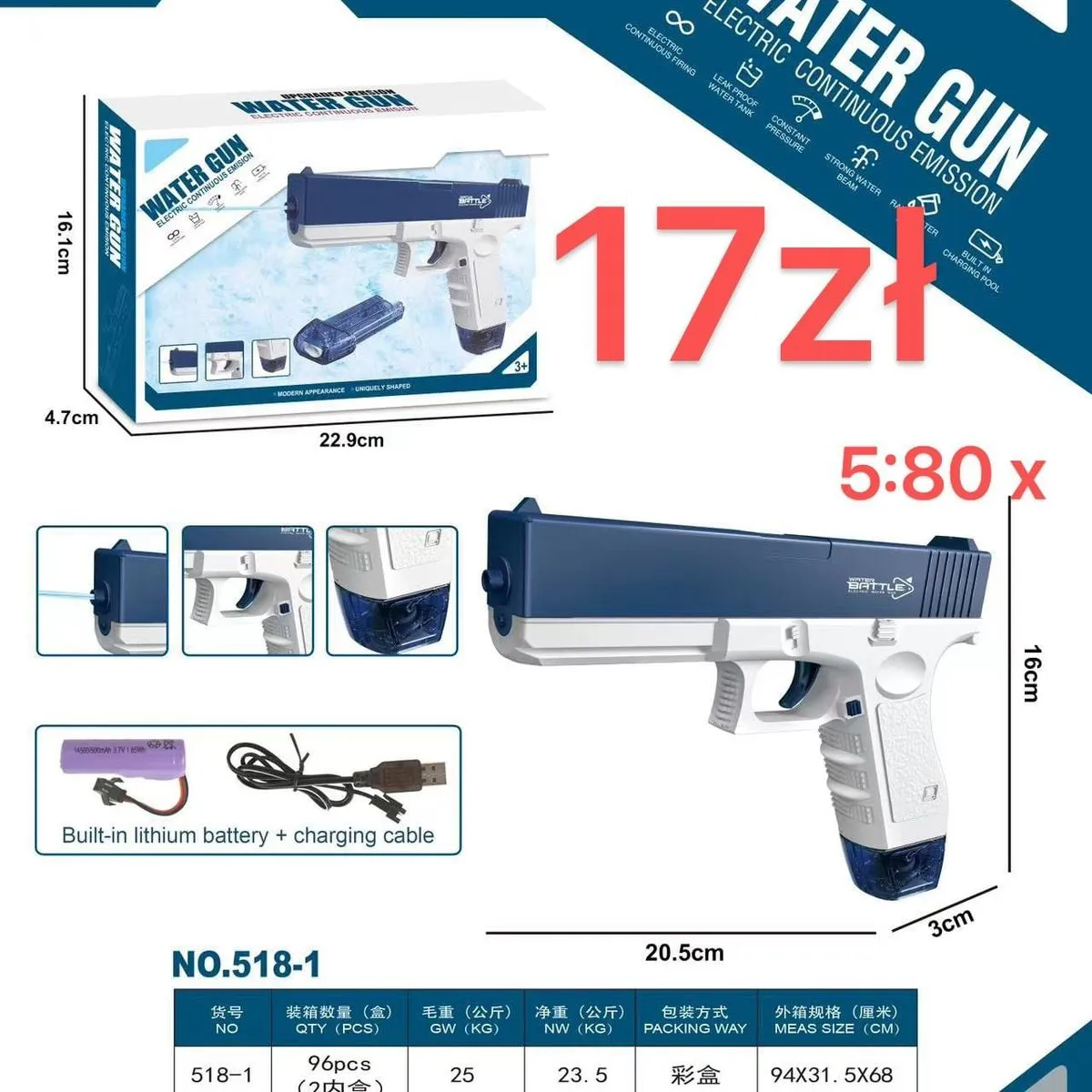 Pistolety Wodne Elektryczne 20,5cm z Akumulatorem 12 szt.