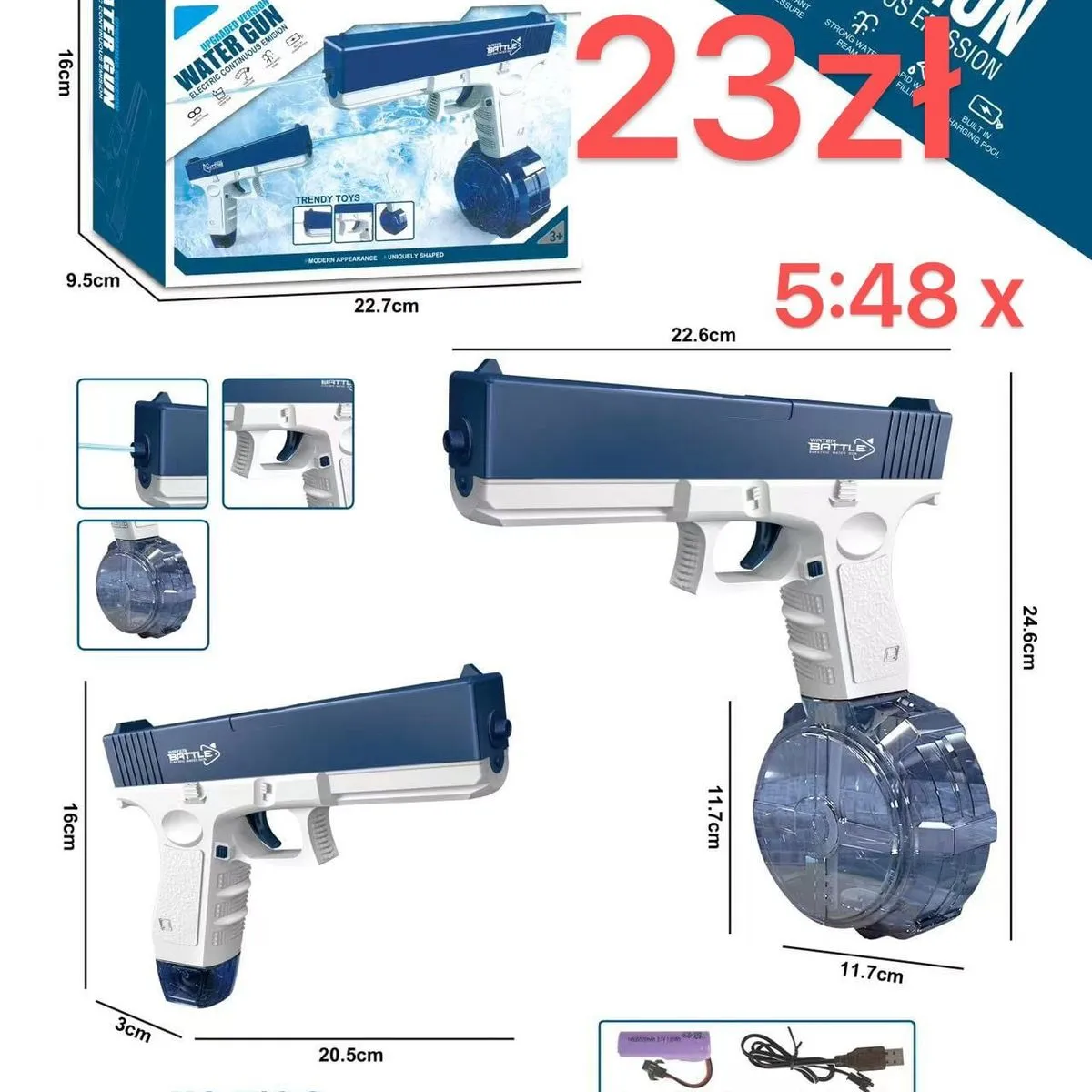 Pistolety Wodne Elektryczne z Akumulatorem 22.6cm 6szt