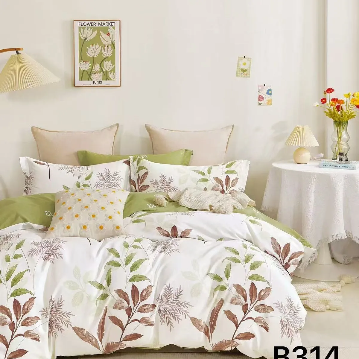 Pościel Bawełniana 3cz 200x220cm Wzór Liście Zielono-Beżowe