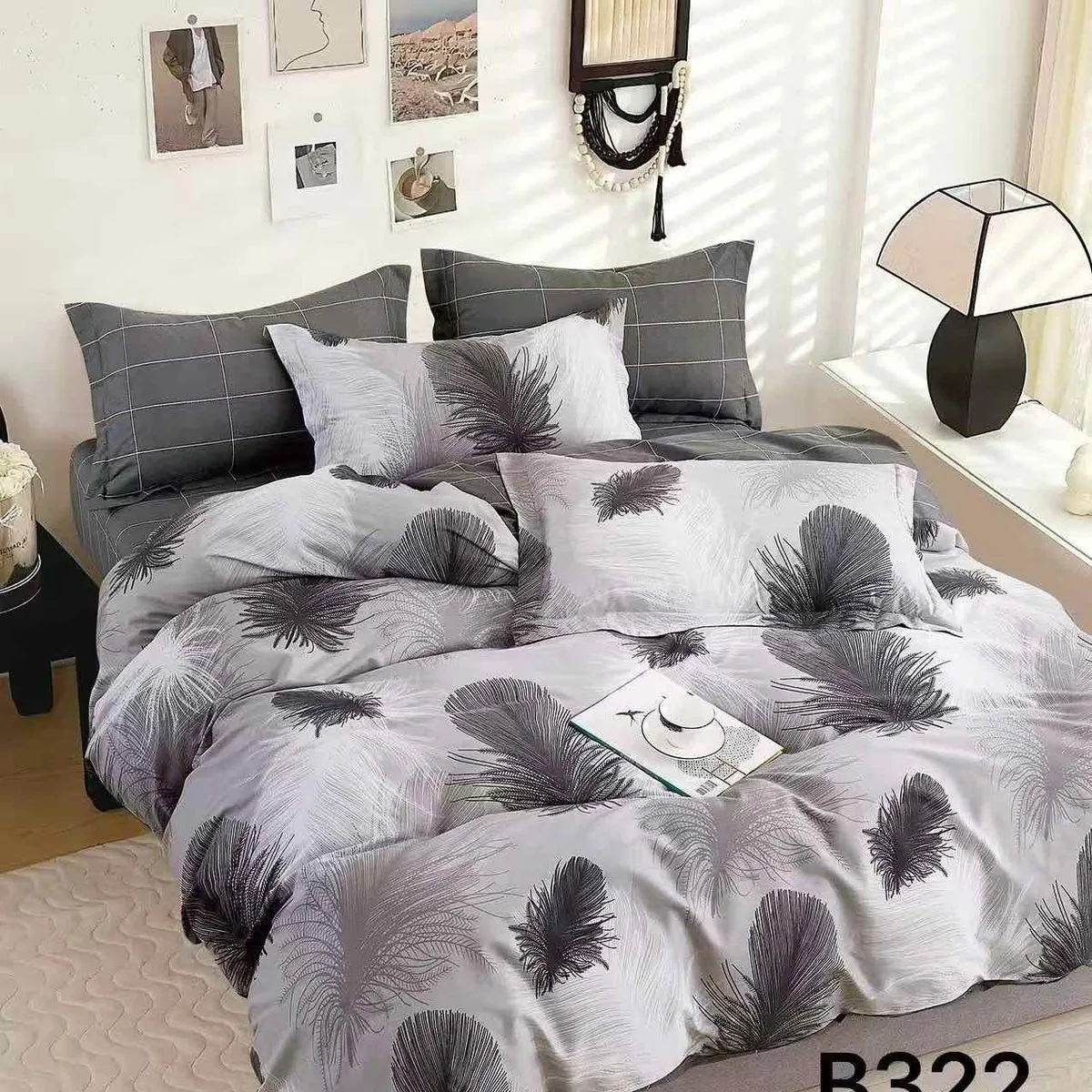 Pościel bawełniana 3cz 200x220cm szara we wzór piór B322