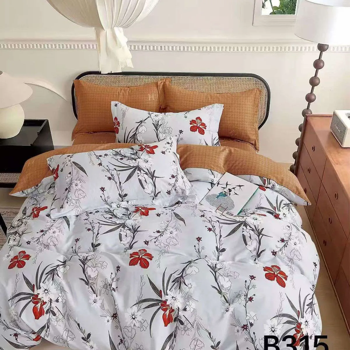 Pościel bawełniana 3cz 200x220cm wzór kwiatowy biało-rudy B315
