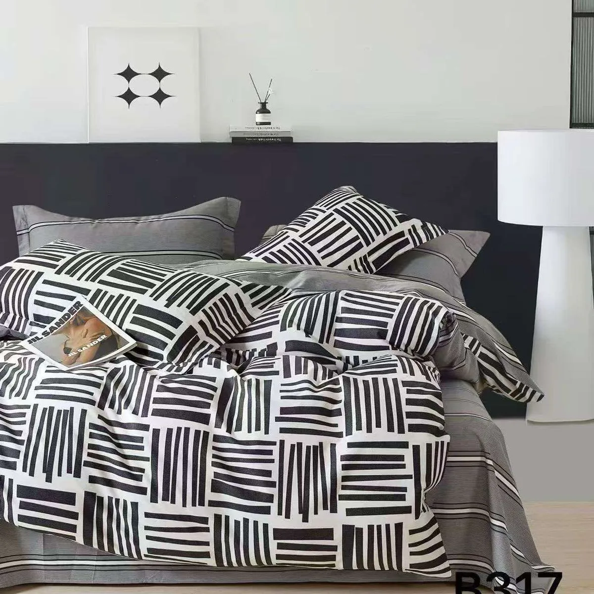 Pościel bawełniana 3cz 200x220cm czarno-biały wzór geometryczny