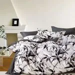 Pościel bawełniana 3cz 200x220cm wzór liście szaro-biała