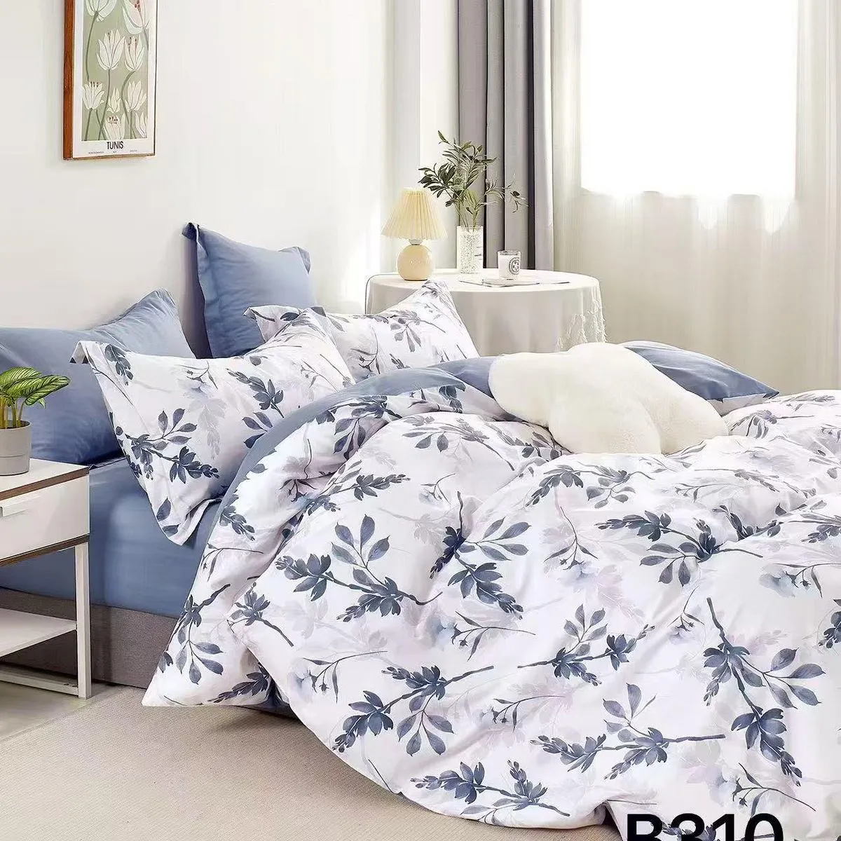 Pościel bawełniana 3cz 200x220cm wzór szare liście B310