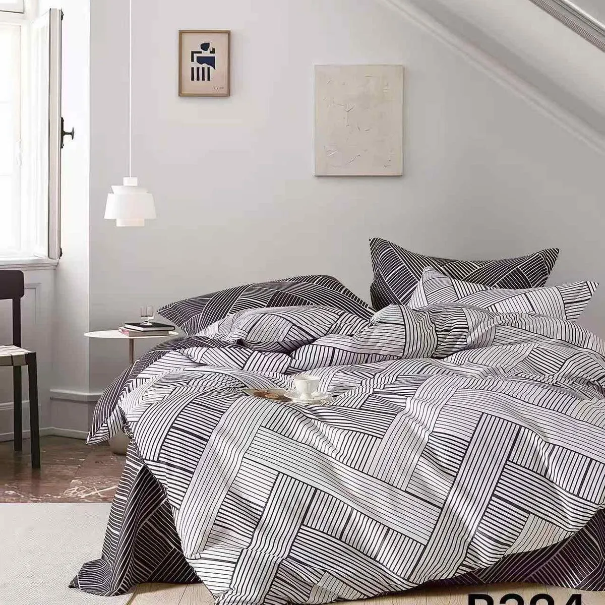 Pościel bawełniana 3cz 160x200cm czarno-biała wzór geometryczny B324