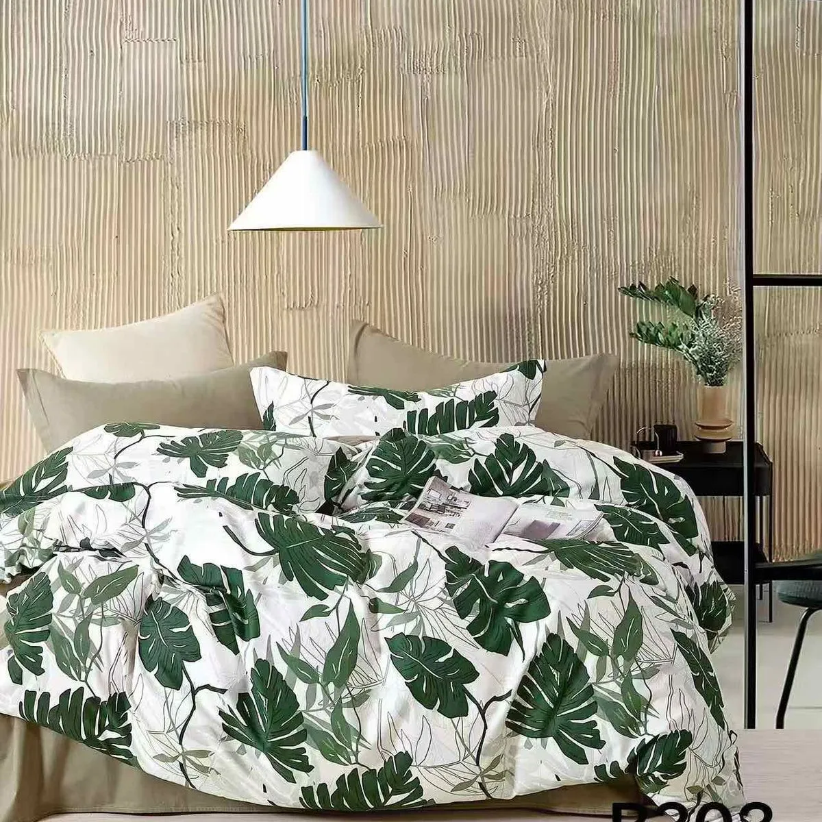 Pościel bawełniana 3cz 160x200cm zielone liście monstery B303