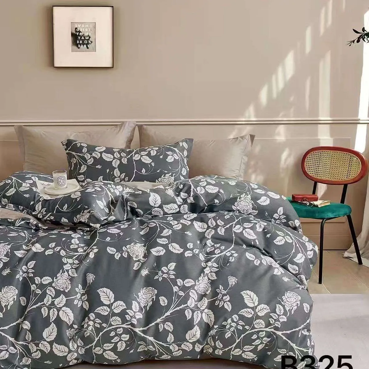 Pościel bawełniana 3cz 200x220cm szara w białe róże