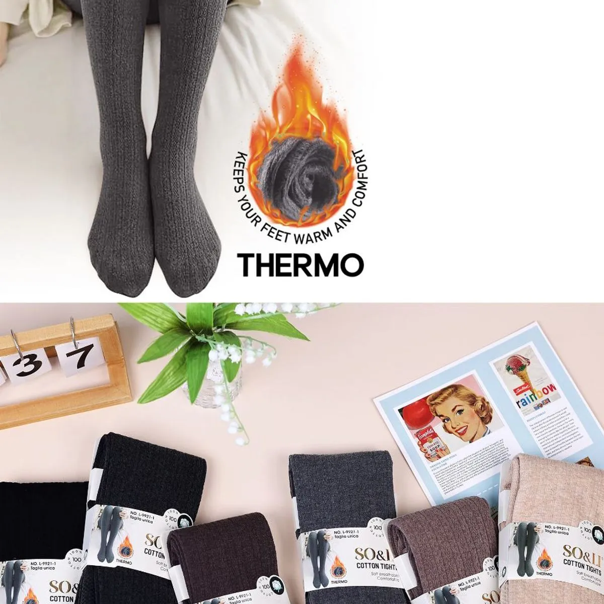 Rajstopy damskie bawełniane Thermo SO&LI prążkowane mix kolorów