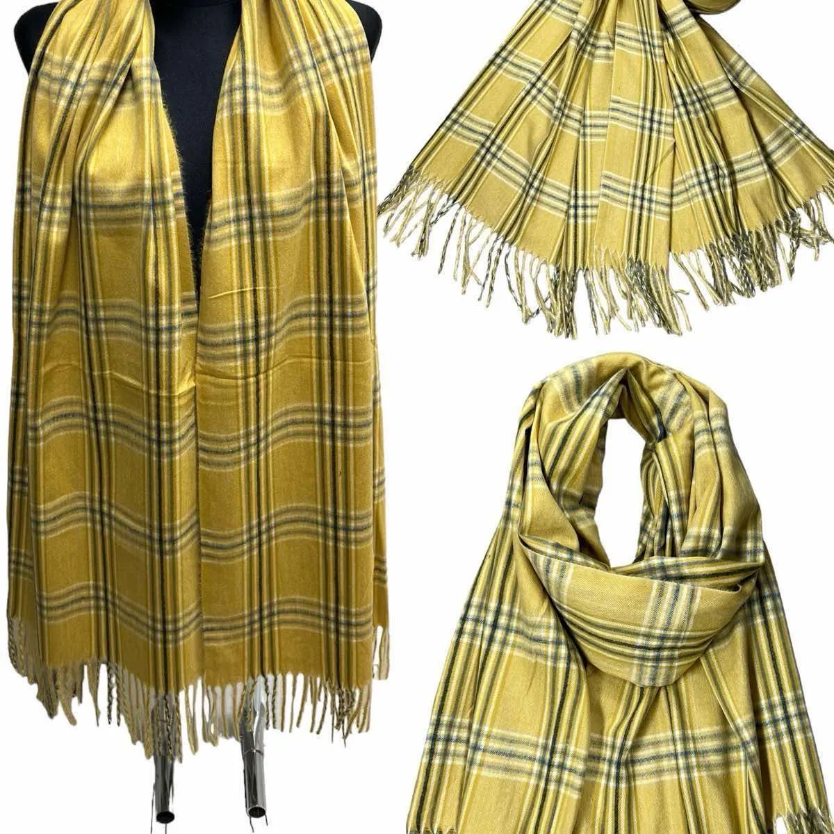 Szaliki damskie w kratę z frędzlami, żółty Cashmere - 12 szt.