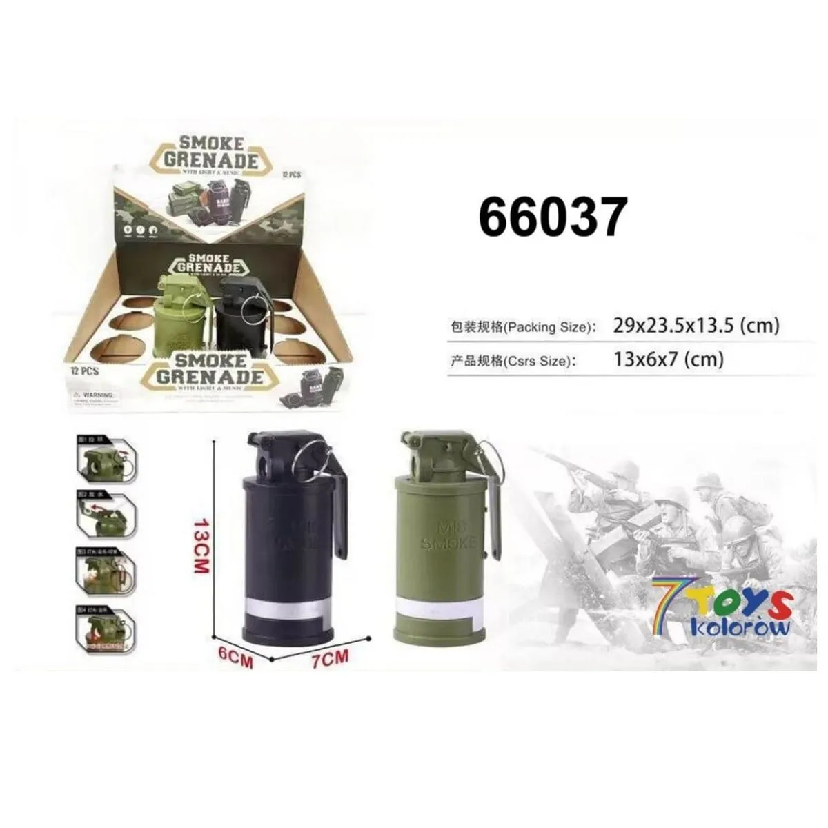 Zabawka Granat Dymny Smoke Grenade 13cm Światło Dźwięk 12szt