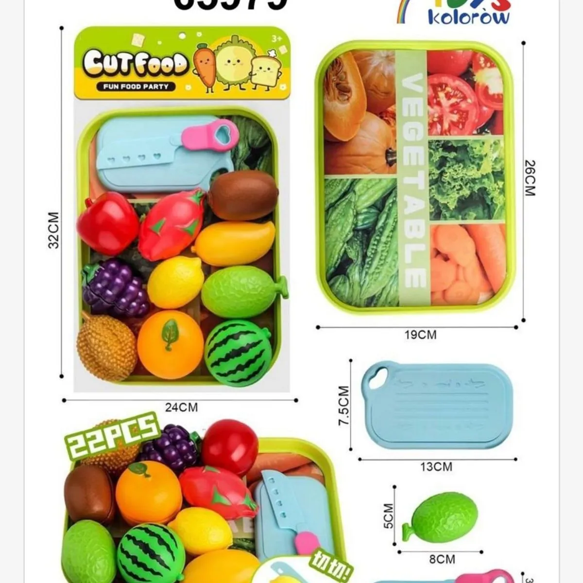 Zestaw Zabawkowe Cut Food 22 el. Owoce i Warzywa do Krojenia 32x24cm