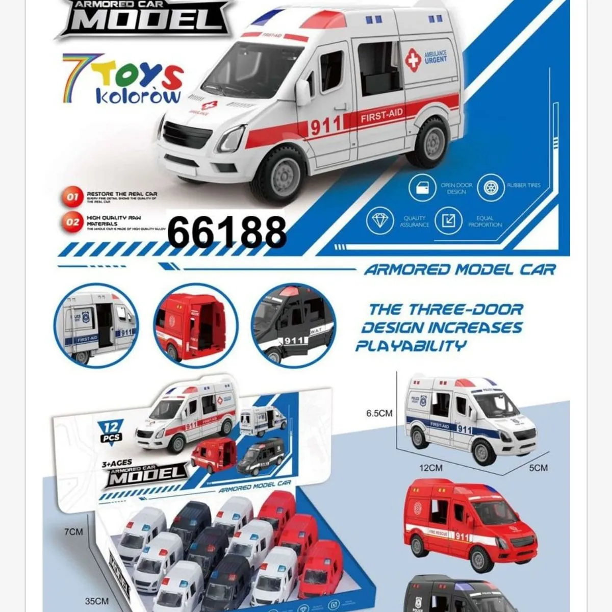 Zabawkowy Samochód Ambulans Armored Model 12cm Metalowy 12szt