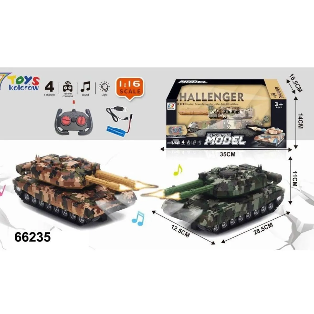 Sterowany Czołg Challenger 1:16 R/C Światło Dźwięk Spray 33cm