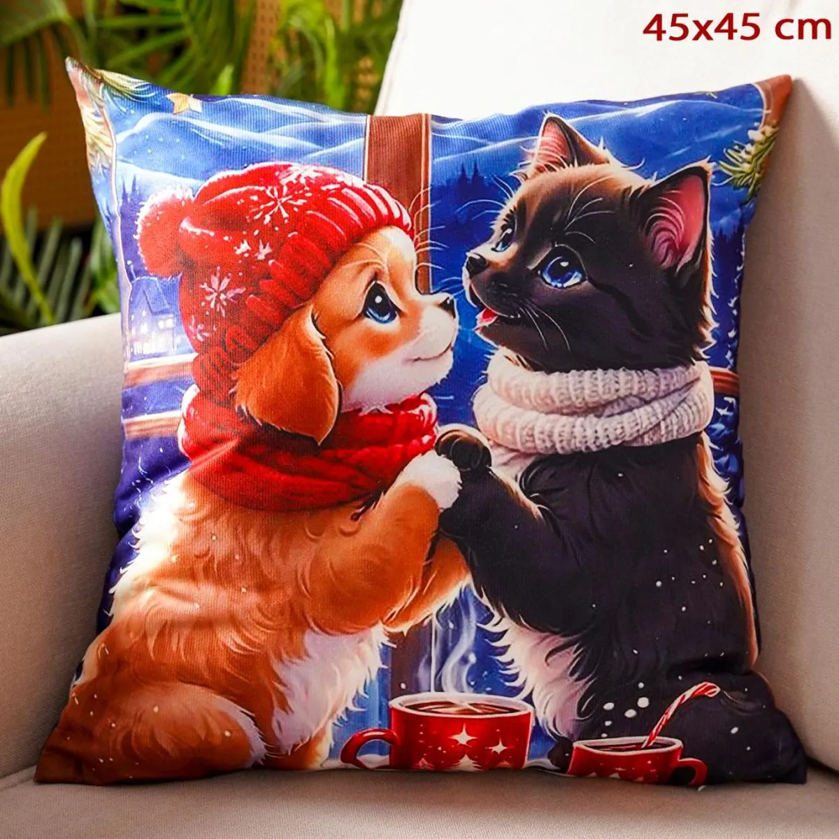 Poszewka Świąteczna 45x45cm Pies i Kot w Zimowej Scenerii