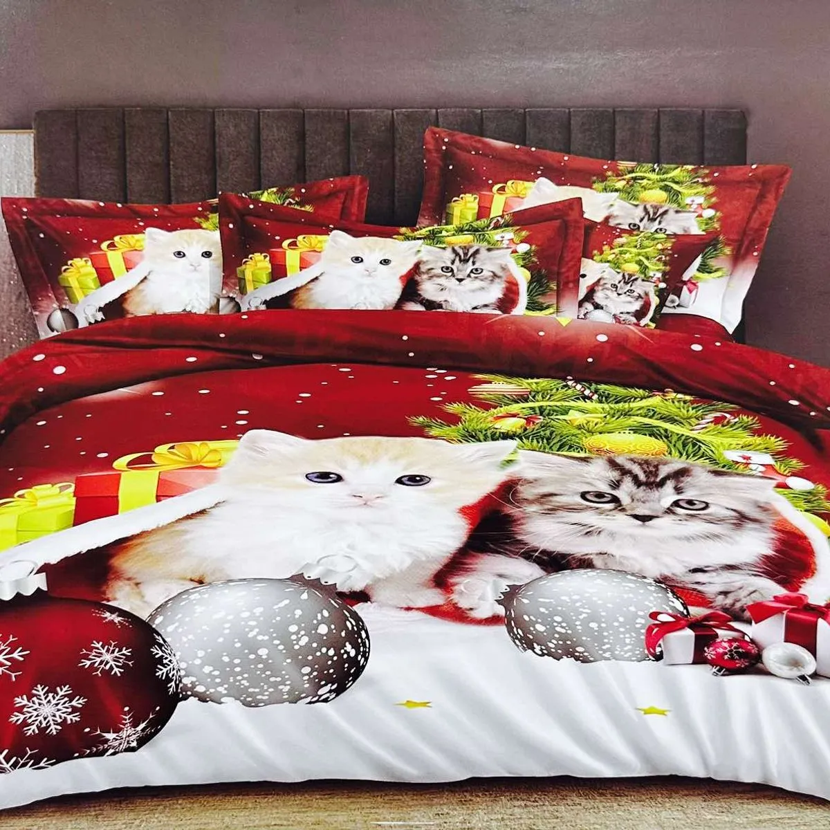 Komplet Pościeli 5D Satyna Bawełna 3CZ 200/220 Koty Świąteczne