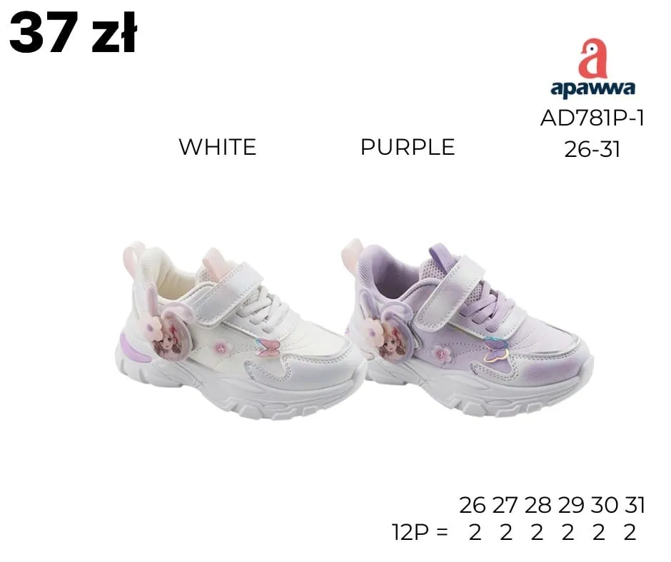 Buty sportowe dziecięce Apawwa AD781P-1, WHITE/PURPLE, 26-31, na rzepy