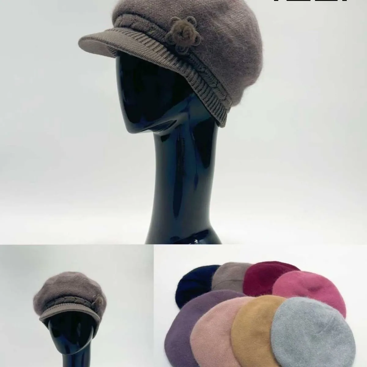 Czapka zimowa damska z daszkiem i kwiatkiem - Mix kolorów