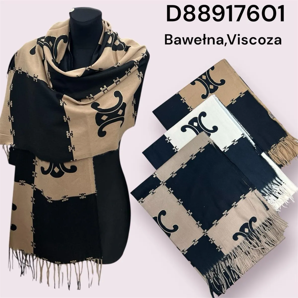 Szalik damski bawełna wiskoza wzór z frędzlami D88917601
