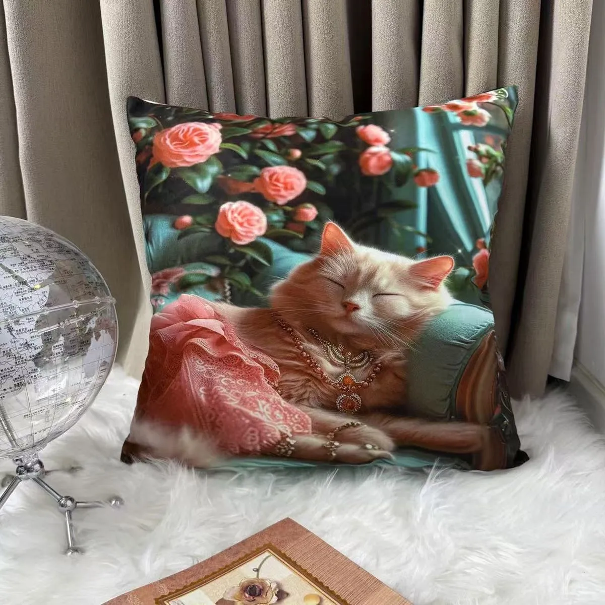 Poszewka dekoracyjna 40x40cm kot w różach i sukience