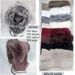 Czapki damskie z futerkiem 70% akryl 30% wełna mix 12 szt