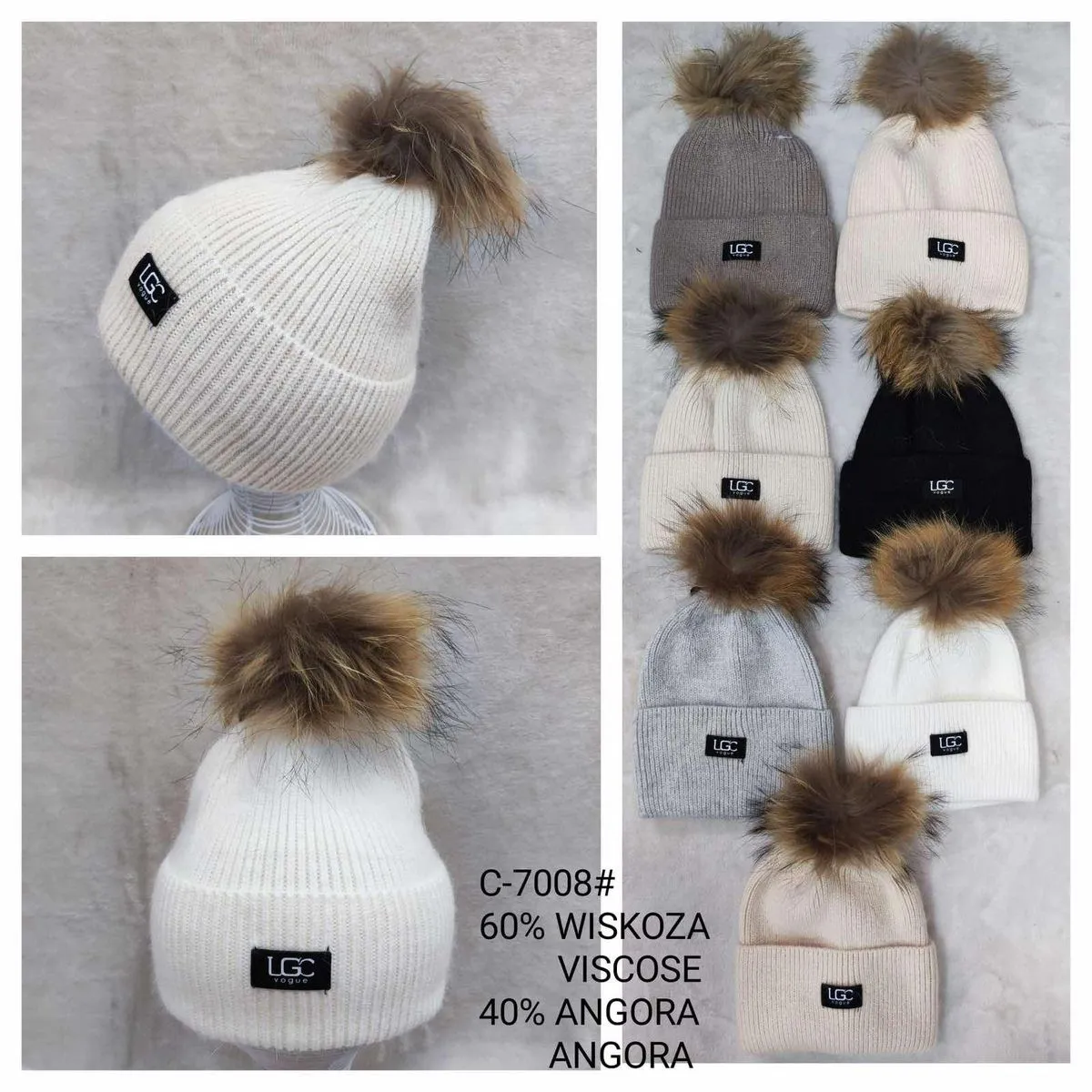 Czapki damskie z pomponem 60% wiskozy 40% angory C-7008