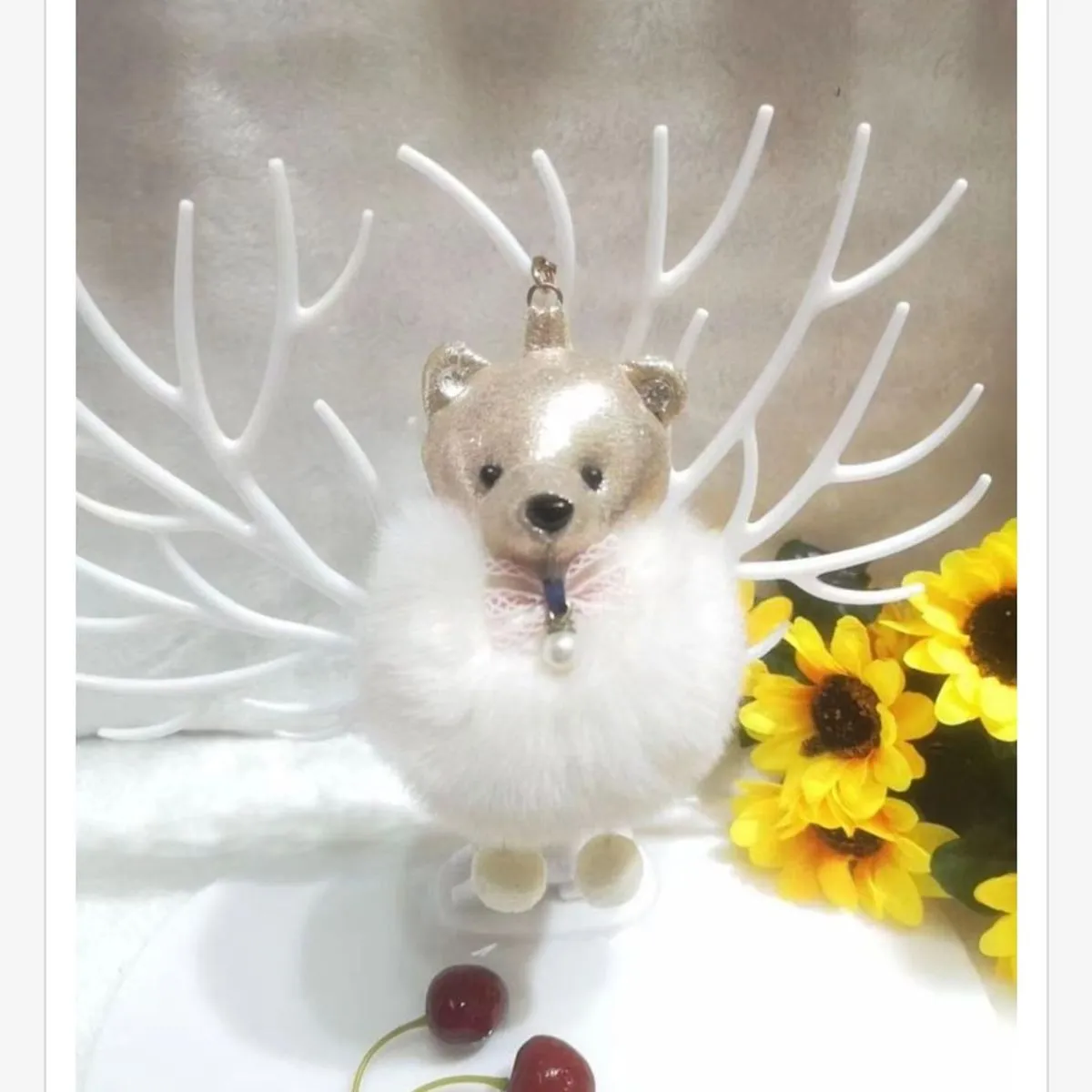 Brelok Maskotka Miś Różowo-Złoty z Futrem