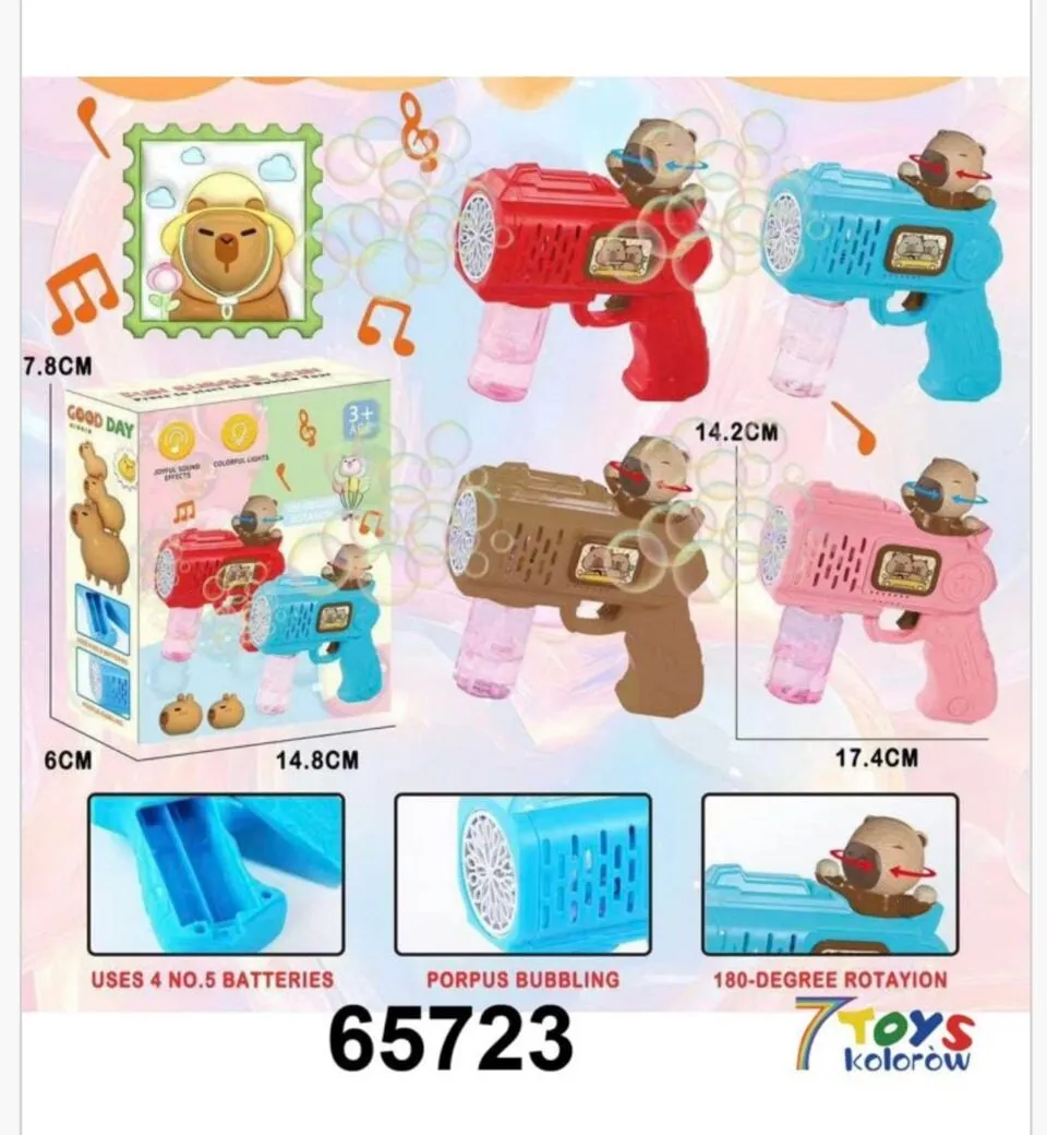 Pistolety Bańki Mydlane Kapibara 14.8cm Światło Dźwięk 12szt Mix