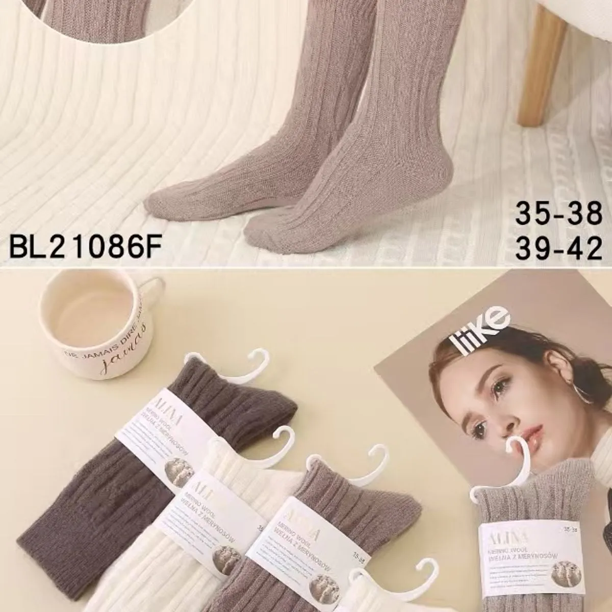 Skarpetki damskie fashion wełniane szare i białe